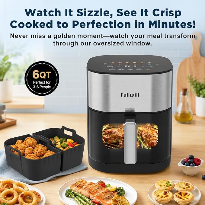 Fullwill 6QT Air Fryer, Viewing Window, Dual Heating, 2 Silicone Liners | 1700W Power; Touch Presets + DIY Mode; 392°F Max Heat; PFOA-Free Nonstick Basket; Dishwasher-Safe Parts