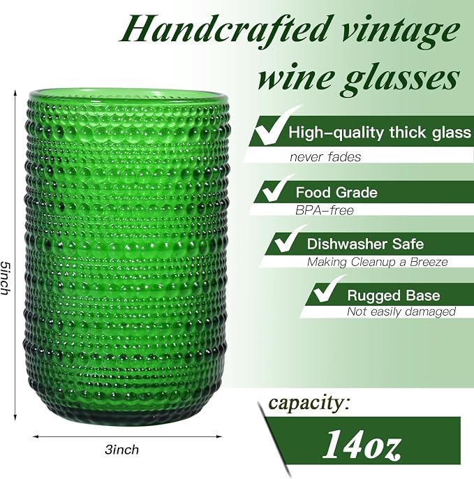 CHLJAR Christmas Green Vintage Wine Drinking Glasses Set of 6, 14 oz hobnail drinking glasses Glassware Embossed Green Water Tumbler for Beer, Juice, Cocktail, Whiskey, Milk