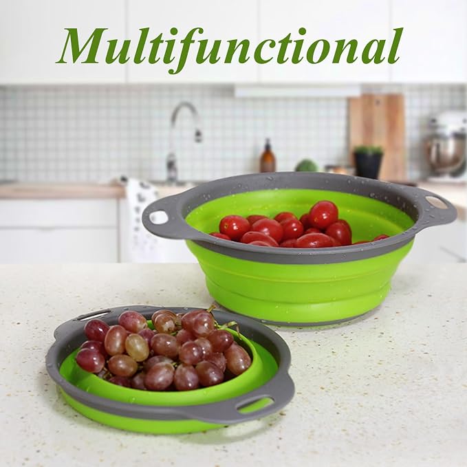 Collapsible Colander Set of 3, Space-Saving Foldable Strainer for Kitchen | 3 Sizes Food Strainer for Draining Pasta, Vegetable and Fruit, Kitchen Gadgets for Home Use and Outdoor Camping (Green)