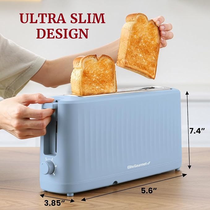 Elite Gourmet ECT2517OX SLIMTOAST 2-Slice Long Slot Toaster, Ocean Blue | Cool-Touch Body, 6 Browning Shades, Extra-Wide 1.5" Slot Fits Artisan Bread, Bagels, Waffles & English Muffins