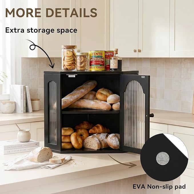2-Tier Corner Bread Box for Kitchen Countertop with Acrylic Wavy Door Panel | Bread Storage for Homemade Bread, Large Bamboo Vintage Farmhouse Bread Bin, Cabinet Cupboard Pantry, Black, Meduim