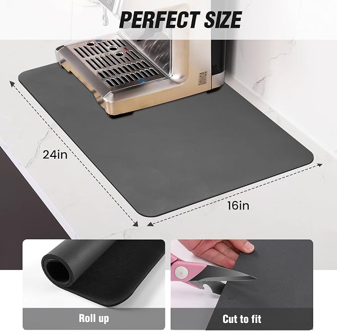 DK177 Coffee Mat - Dish Drying Mat for Kitchen Counter, Hide Stain, Absorbent with Waterproof Rubber Backing, Fit Kitchen Dish Rack Bar Accessories (Dark Gray, 31.5" x 17")