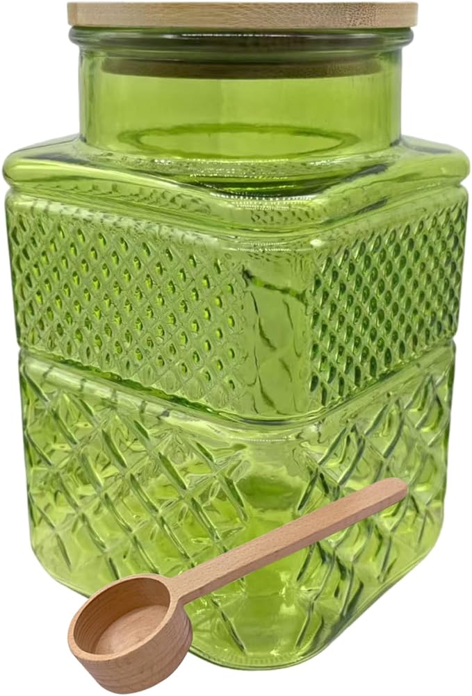 Coriario 60oz Green Glass Jar with Airtight Lid and Spoon Square Glass Jars | Vintage Glass Food Storage Canister Decorative Sugar Coffee Container