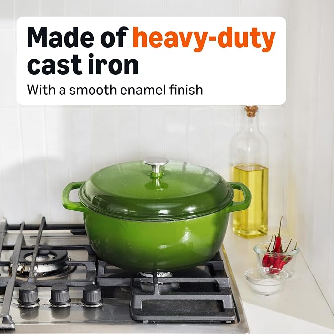 Amazon Basics Enameled Cast Iron Dutch Oven Pot with Lid, Round, Dual Handles, Heavy-Duty, Oven Safe for Stews, Roasting, Baking, 4.3-Quart, Small, Green