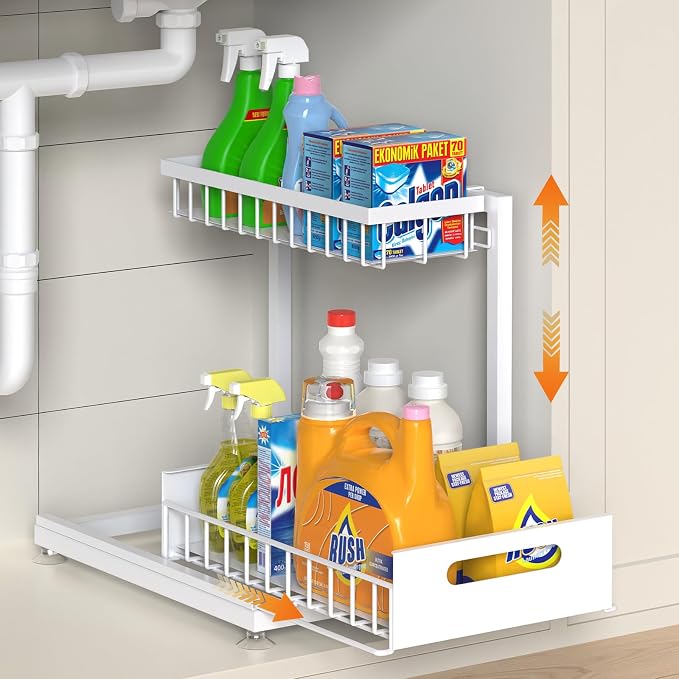 L-Shaped Under Sink Organizer, 2-Tier Pull-out Cabinet Rack 1-Pack | White Height-Adjustable Steel Rack, Sliding Grid Drawers with PP Liners, Holds 100 Lbs, Suction Base, Ideal Kitchen Storage