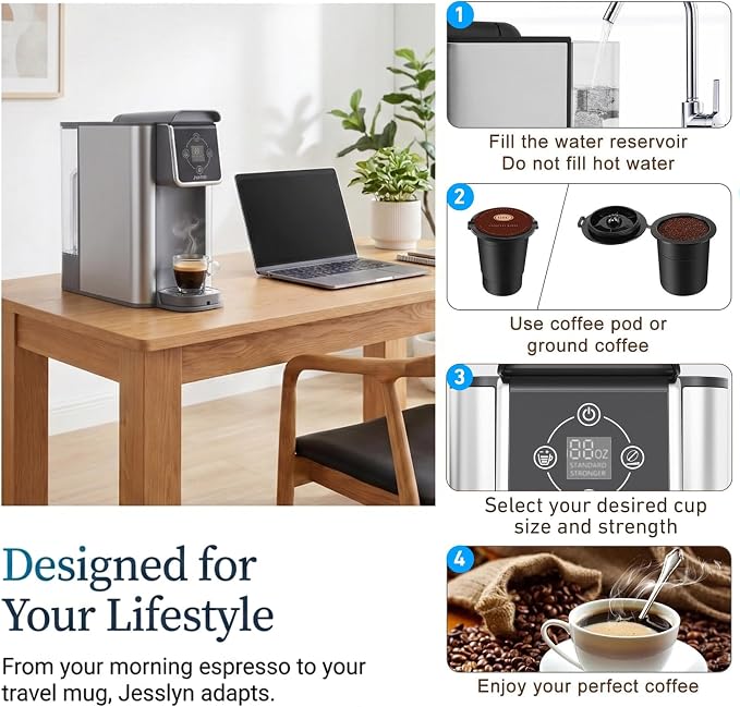 Jesslyn 3 in 1 Single Serve Coffee Maker, K Cup Pod & Ground Coffee Machine with Loose Leaf Tea Filter, 52 oz Removable Reservoir, 6-14 oz Brew Sizes, Bold Brew, Auto Clean, Silver
