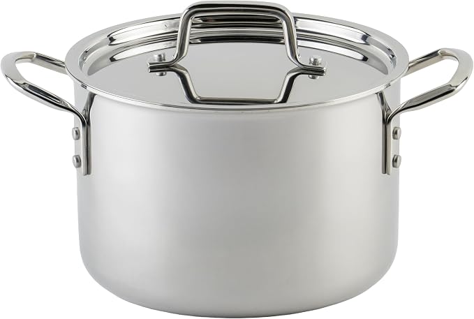 WINCO Tri-Ply Stock Pot, 6-quart-qt-6qt, Silver | Dishwasher safe, Triple-riveted handles, Dripless pouring, Great for Stocks, Soups, Pasta and Batch Cooking