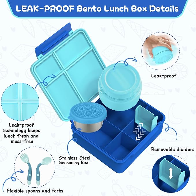 Aimsnk Kids Lunch Box with Thermo Insulated Lunch Bag for School, Blue | Kids Bento Lunch Box with 8oz Food Jar, Leak Proof Hot Soup Lunch Containers with 4 Compartment, Warm Lunchbox for Toddler