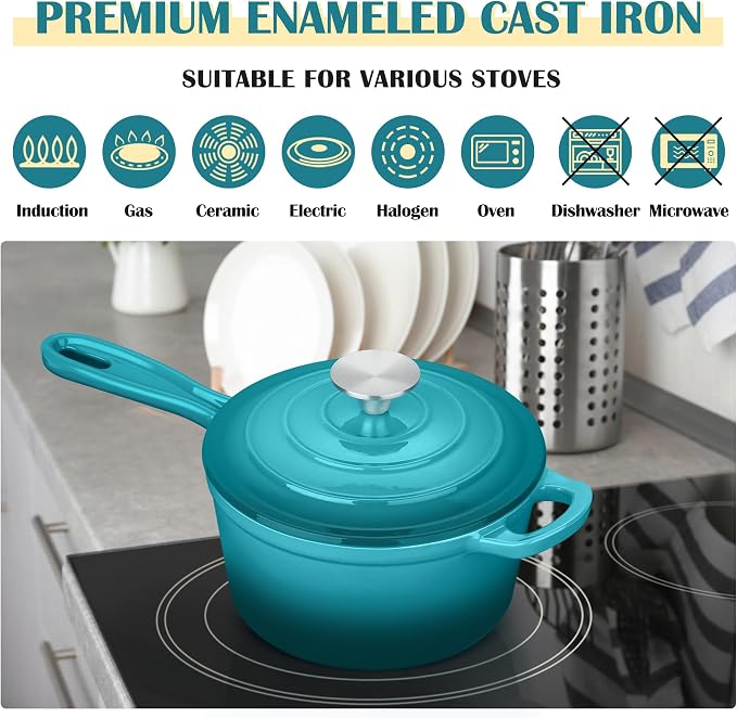 E-far Enameled Cast Iron Sauce Pan, 2 Quart Dutch Oven Saucepan with Lid, Small Sauce Pot for Cooking, Boiling, Healthy & Non Toxic, Induction & Oven Safe, Green