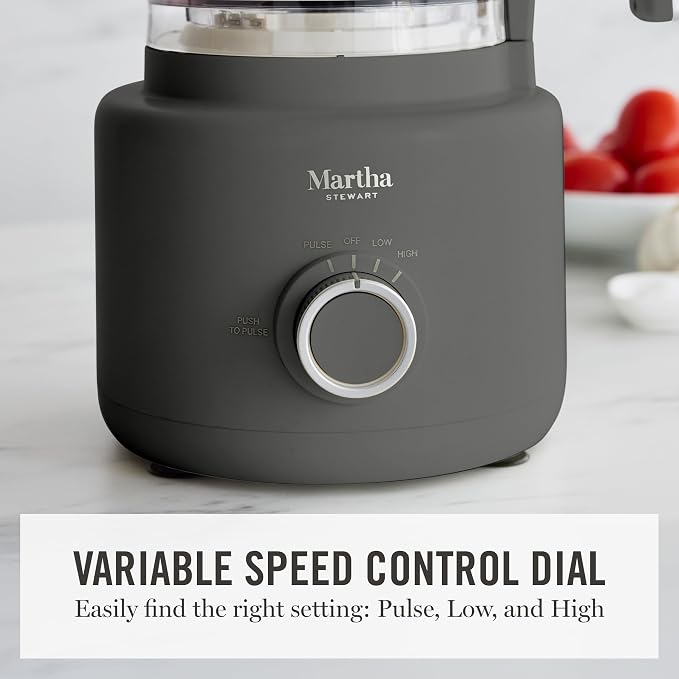 Martha Stewart 10 Cup Food Processor & Electric Chopper, One Touch Pulse | BPA-Free Bowl, 3 Multipurpose Blades, Easy Food Prep, Chop, Slice, Shred, Puree, Emulsify, Speed Dial, Wide Feed Chute, Gray