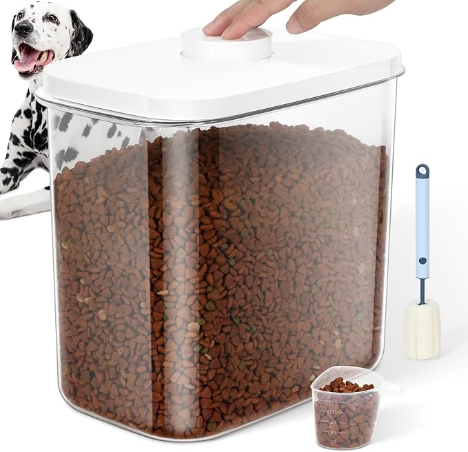 12 lbs Airtight Dog Cat Food Storage Container and Dog Treat Containers BPA-Free, PET Clear Stackable Pet Storage Bin, 1-Cup Scoop, 1-Sponge cleaning brush, Pop Top, With handle, Easy Mobility-large