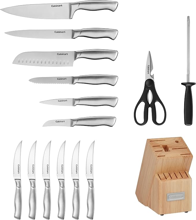 Cuisinart Professional Block Knife Set 15pc Cutlery Knife Set with Steel Blades for Precise Cutting, Lightweight, Stainless Steel Durable& Dishwasher Safe, Natural Woodgrain Finish