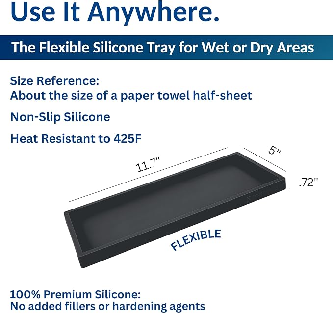 Silicone Countertop & Vanity Tray – 11.7” Bathroom Counter Tray | Bathroom Tray, Bathroom Tray Countertop, Tray for Bathroom Counter, Silicone Kitchen Tray for Counter & Countertop Organizer