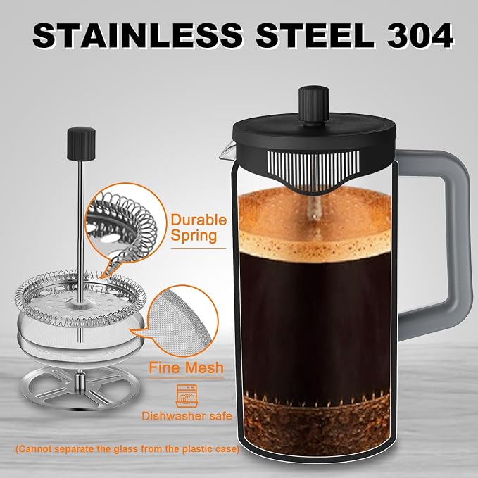 YOLIFE French Press Coffee Maker, 34 oz / 4 Cup Coffee Tea Press with Heat-resistant Borosilicate Glass, 4-Level Filtration Systems, Cold Brew Coffee Maker for Camping Travel Gifts, Grey and Black