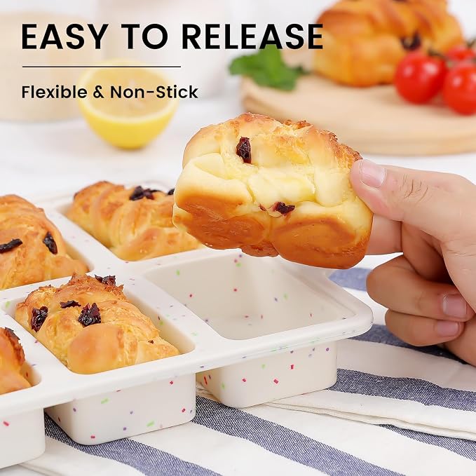 Vinino Mini Silicone Loaf Pans with Metal Reinforced Frame, 8-Cavity, Cream | Non-Stick Easy Release Heat Resistant Bakeware, Reusable Small Mini Banana Bread & Cake Baking Pans for Daily Baking