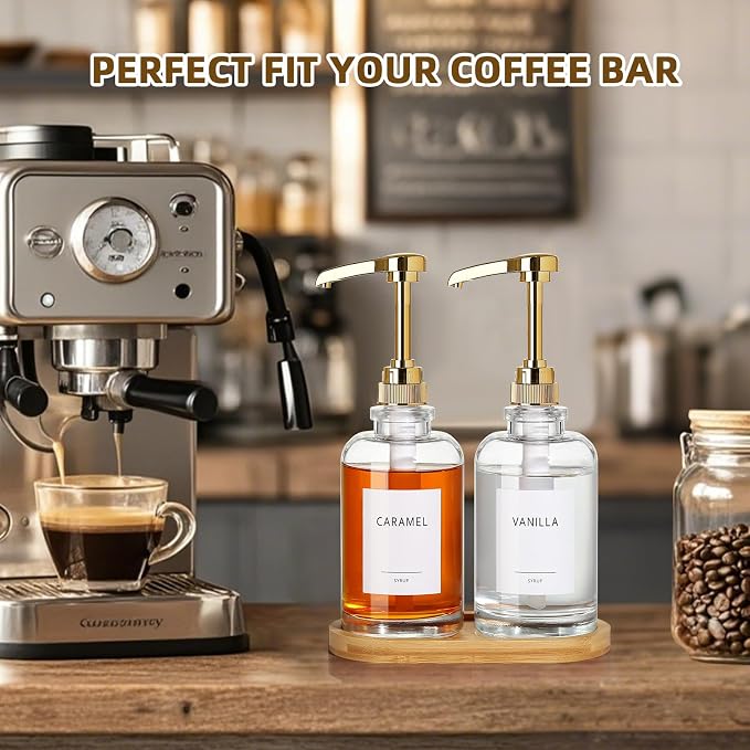 Coffee Syrup Dispenser, Glass Syrup Pump Dispenser for Coffee Bar Accessories, Maple Syrup Bottles with Tray, Simple Syrup Bottles with 1/4oz Large Capacity Gold Pump, 2 Pack 16.9 Fl oz