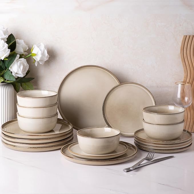 GBHOME Dinnerware Sets for 8, 24 Pieces Ceramic Plates and Bowls Set | Scratch Resistant Stoneware Dishes Set, Dishwasher & Microwave Safe, Reactive Glaze-Cappuccino