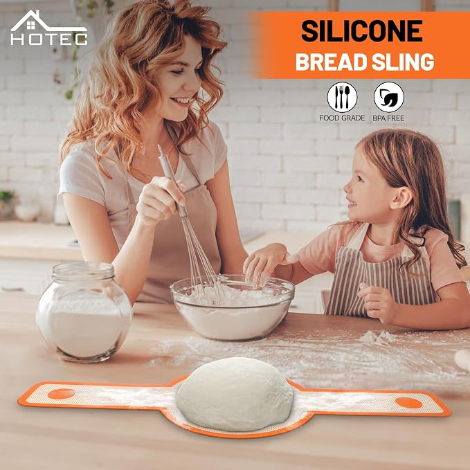 HOTEC 2 Pcs Silicone Bread Sling for Dutch Oven, 0.7MM Thickened Heat Resistant to 500°F Non-Stick Baking Mat with Long Handle Easy to Transfer Sourdough Bread, Dutch Oven Liners Baking Supplies