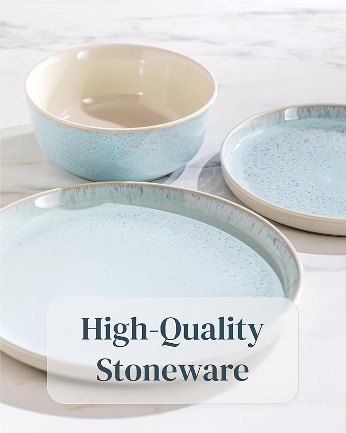 32 Piece Stoneware Dinnerware Set for 8 - Handmade Reactive Glaze Plates and Bowls Set - Chip & Scratch Resistant Dish Set - Dishwasher Microwave Safe - Light Beige & Blue