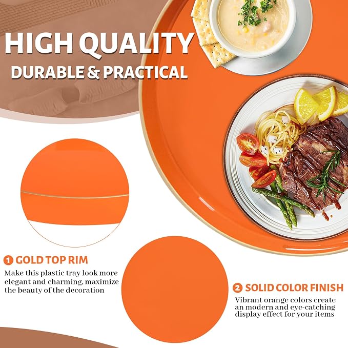 13" Orange Decorative Tray, Plastic Round Serving Tray with Handles | Decorative Tray for Coffee Table, Modern Ottoman Tray, Circle Tea Tray, Round Melamine Tray for Living Room, Bathroom