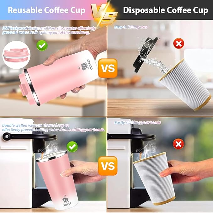 Insulated Travel Coffee Mug Reusable Coffee Tumbler Cup with Flip Lid Leak Proof Spill Proof for Office School Party Camping Hot and Cold Drink,Stainless Steel 17oz (Pink)