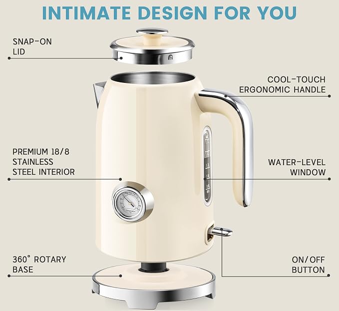 SUSTEAS 57oz Electric Kettle with Thermometer, Hot Water Pot, Beige | Electric Tea Kettle for Boiling Water, 1500W Stainless Steel Pot, Cordless LED Indicator, Auto Shut-Off & Boil Dry Protection