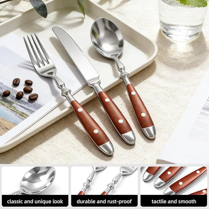 20pcs Brown Silverware Set Service for 4,Vintage Flatware Set with Brown Bakelite Handle, Stainless Steel Cutlery Set, Dishwasher Safe
