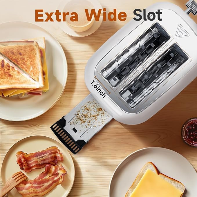 Aigostar Retro 2 Slice Toaster, Stainless Steel, White | 1.6 Inch Extra Wide Slots, Bagel Function, Cancel & Defrost, 6 Shade Settings, Removable Crumb Tray