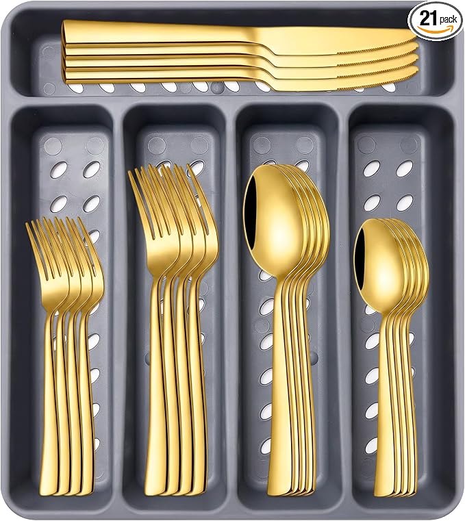 21Pcs Stainless Steel Gold Silverware Set with Organizer Eating Utensil Set | Heavy Duty Kitchen Dish Cutlery Sets for 4 Forks Spoons and Knives Set Tableware Dinnerware Flatware Set Dishwasher Safe