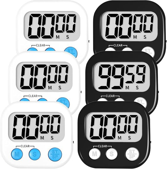 ZILLEEN Digital Kitchen Timers for Cooking Kids Black White 6 Pack | Strong Magnetic, Large Screen, Big Button, Timers for Kids Classroom Cooking Egg Teacher Exercise Study