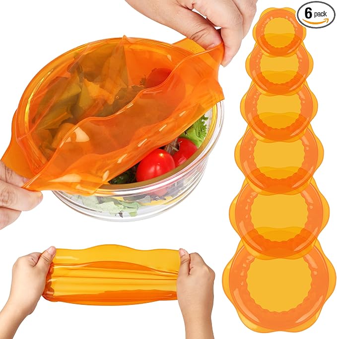 Silicone Stretch Lids for Food Storage in Fridge, Reusable Elastic Bowl Covers for Cup, Cans, Jars, Round & Rectangle Container, Food Grade Silicone Microwave Food Cover, Orange, 6PCS
