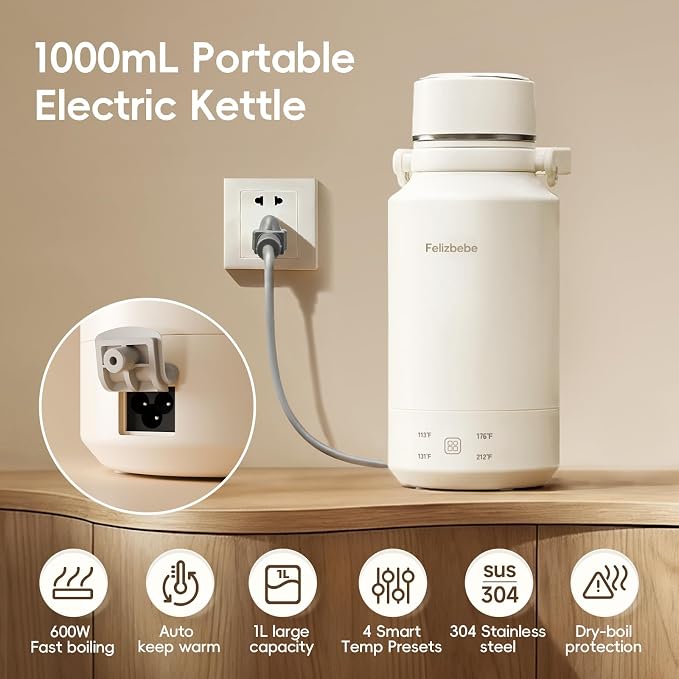 33.8 Oz/1000mL Portable Electric Kettle,304 Stainless Steel Travel Kettle Electric,4 Temp Settings with Holding Heat,600W Fast Boiling Water with Auto Shut-Off and Boil Dry Protection