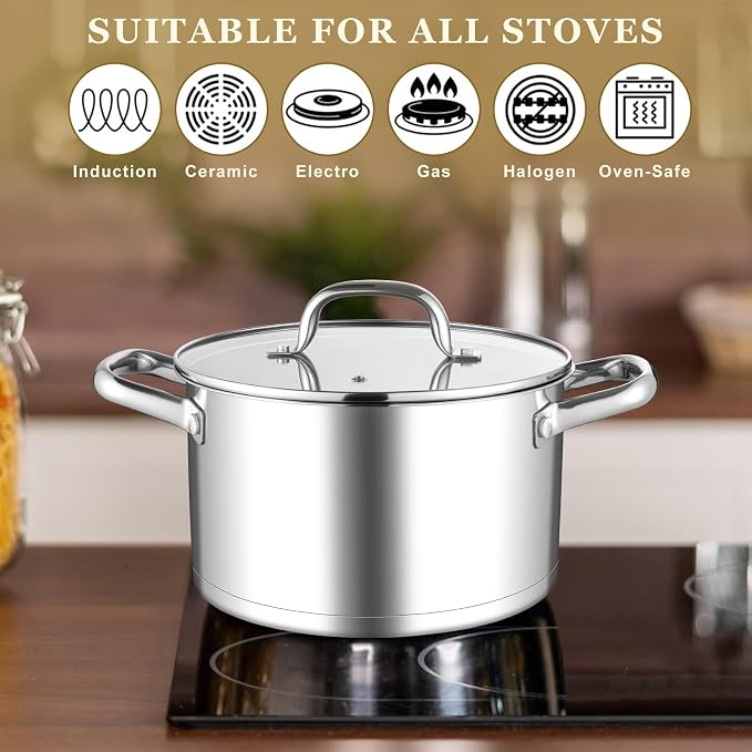 Leonyo 5Qt Stockpot with Lid, Stainless Steel Stock Pot for Cooking Soup | 3-Ply Heat-conducting Base for All Stoves, Stewing & Boiling & Simmering