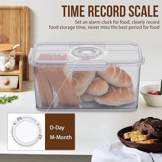 Gifhomfix Bread Box Bread Boxes for Kitchen Counter Airtight, Time Recording Bread Storage Container with Lid, Bread Keeper for Homemade Bread, Toast, Bagel, Donut and Cookies, LARGE White
