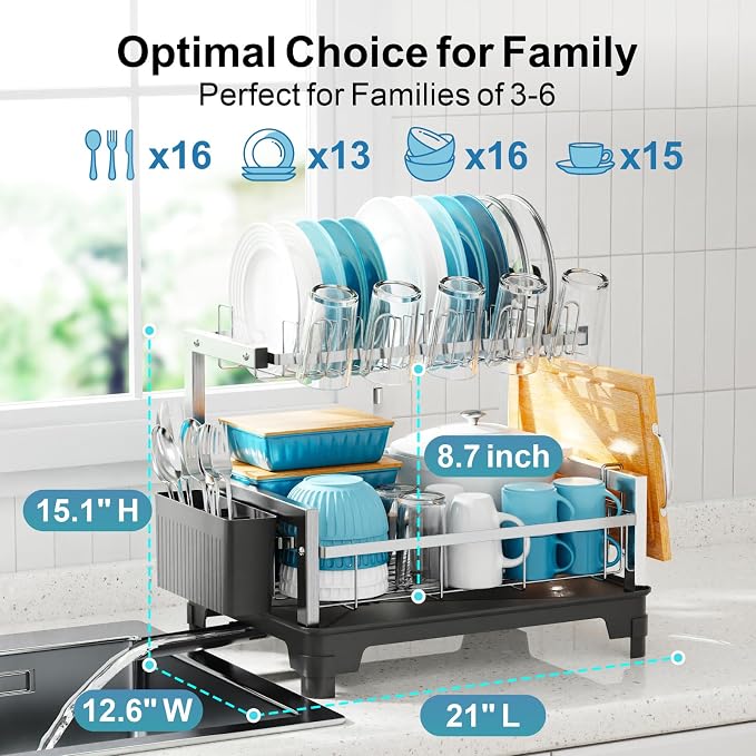 Stainless Steel Dish Drying Rack 2 Tier, Compact Dish Racks for Kitchen Counter with Cutting Board Holder, Auto-Drain Spout, Rust Proof Dish Drainer for Apartment, 21" L x 12.6" W, Silver