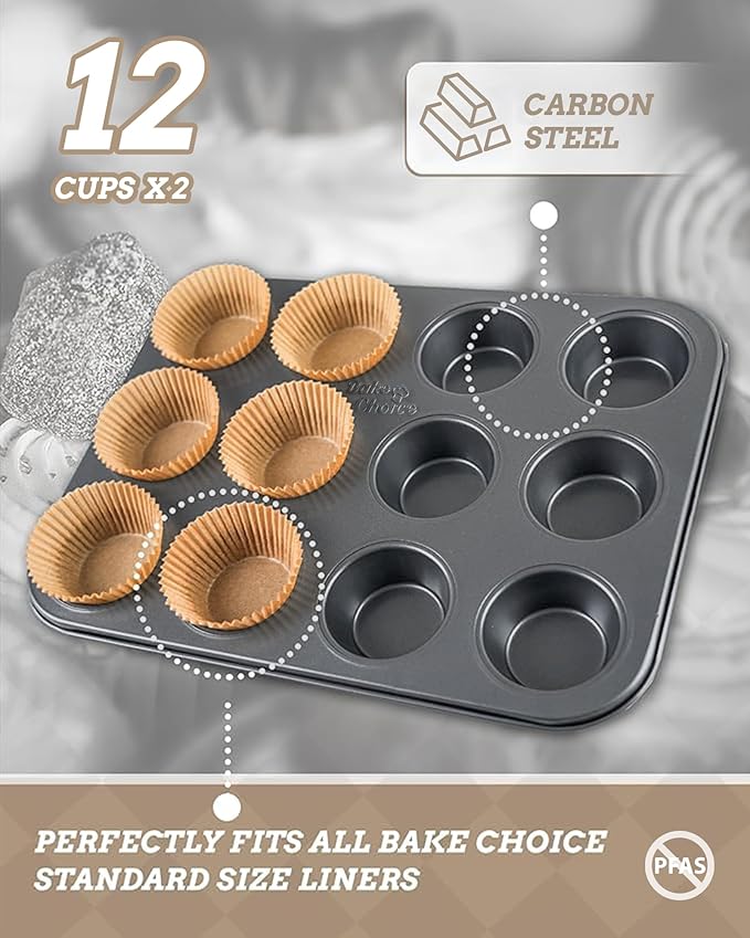 Bake Choice 2 Muffin Pan for Baking, Standard Cupcake Pan with 100 Liners | Includes 100 Natural Cupcake Liners, Non-Stick Muffin Tin Nonstick 12 Cup, Baking Pans Set, Carbon Steel Baking Supplies