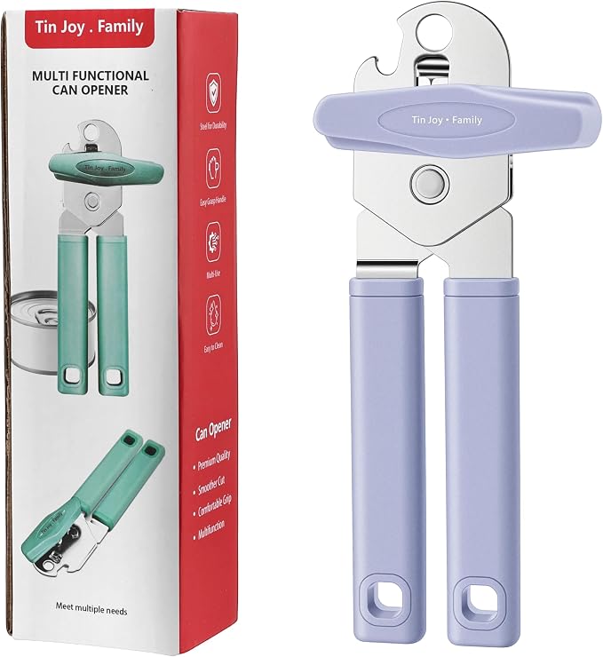 Tin Joy Family™ Manual Can Opener – Sharp Blade with No Sharp Edges, Easy Grip Handle for Arthritis Hands, Smooth Lid Safety Cutter for Elderly & Weak Hands (Grape purple)