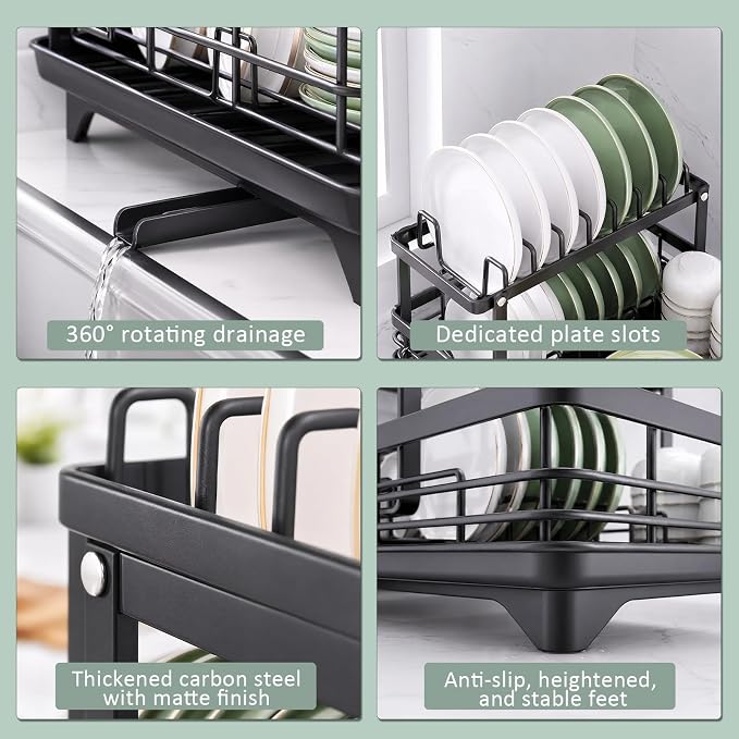 Dish Drying Rack, 2 Tier Space-Saving Dish Rack for Kitchen Counter, Dish Drainer Stainless Steel Rustproof with Drainboard, Utensil Holder