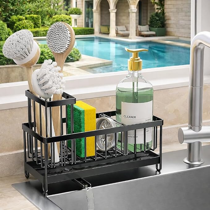 Success Goods Kitchen Sink Caddy Organizer – Stainless Steel Sponge Holder with Brush Holder, Countertop Dish Soap Rack, Black