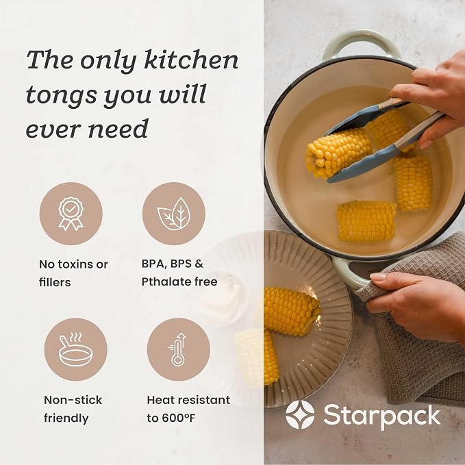 Starpack Get a Grip Silicone Kitchen Tongs (9 Inch) - LFGB Non Toxic, 600°F Heat Resistant, BPA-Free - Heavy-Duty Stainless Steel, Locking - Dishwasher Safe for Nonstick Cookware