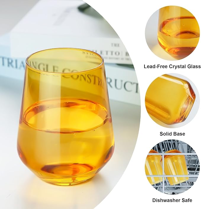 Amber Stemless Wine Glasses Set of 6, 15oz Drinking Glassware Dishwasher Safe, Wine Glass Tumblers for Red or White, Gift for Party, Holiday, Anniversary, Restaurant, Home Bar, Daily Use