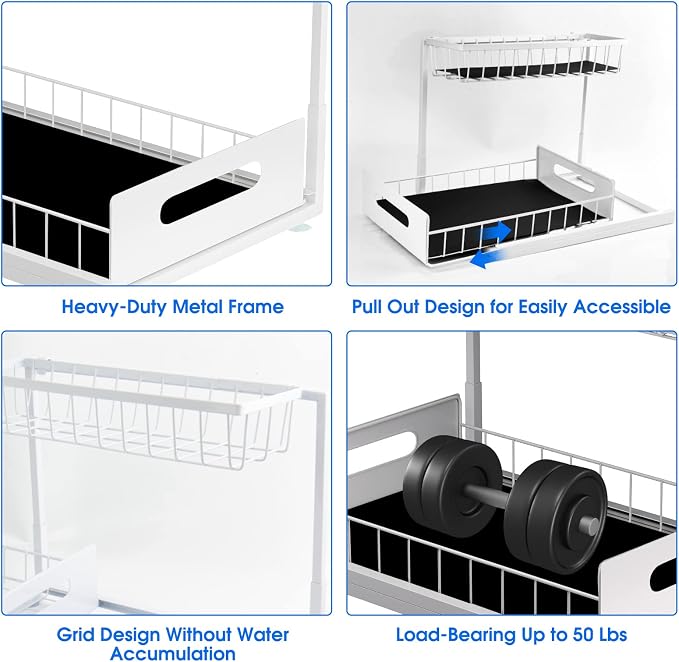 Under Sink Organizer, 2 Tier Pull-Out Cabinet Storage Shelf, Rust-Resistant Metal Organizer for Kitchen Bathroom Laundry Room, No Tools Installation, 1 Pack White