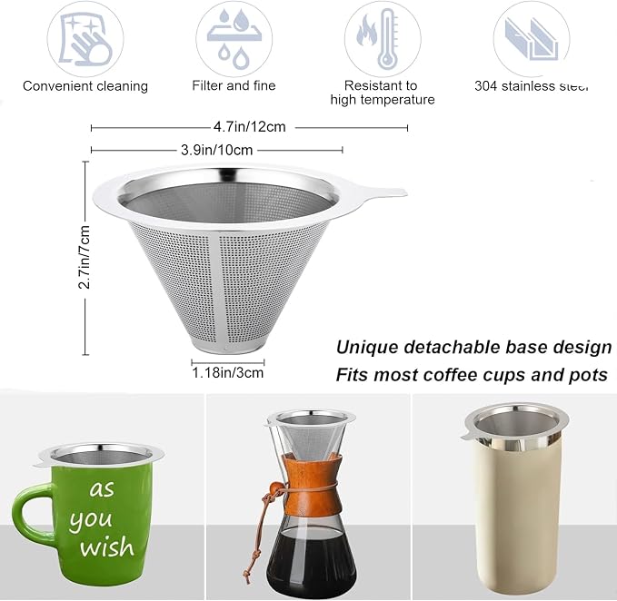 Pour Over Coffee Maker,Coffee Filter,Slow Drip Paperless Stainless Steel Cone Coffee Dripper(1 Cup) Mini