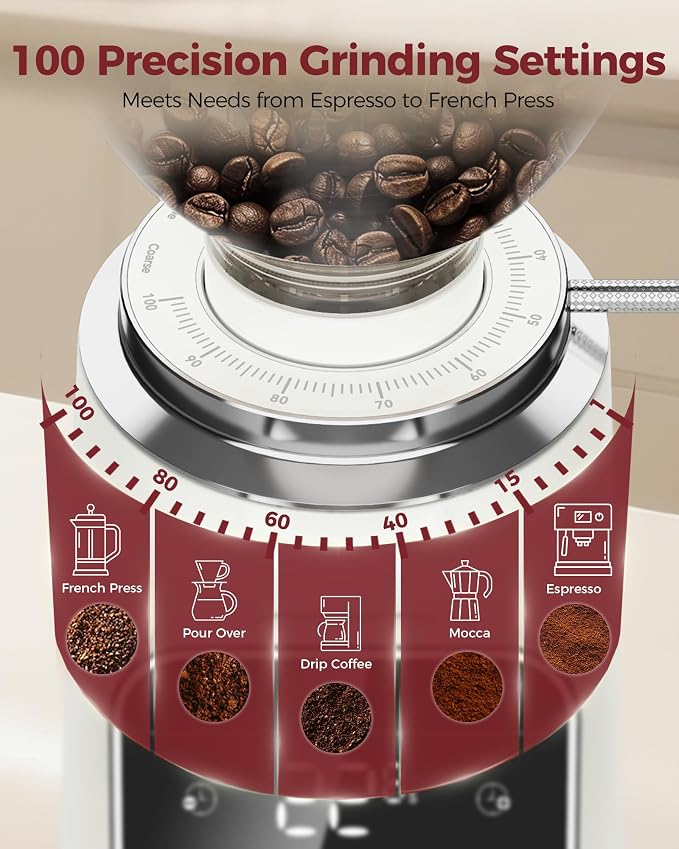 Tuni G3 Commercial 64mm Flat Burr Coffee Grinder, 100 Grind Settings, Ivory | Electric Espresso Grinder with Single Dose, Anti-Static Tech, All-Metal Stainless Steel Body for Drip/Cold Brew/French Press
