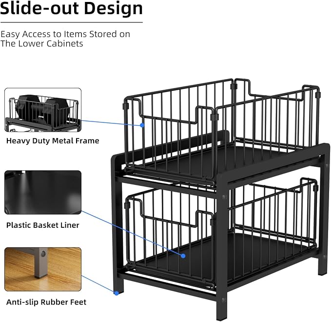2-Tier Pull Out Cabinet Organizer, Slide Out Under Sink Organizer | Metal Cabinet Baskets with Mesh Sliding Drawer for Home, Office, Bathroom, Kitchen, Pantry Storage Shelf, Large Black