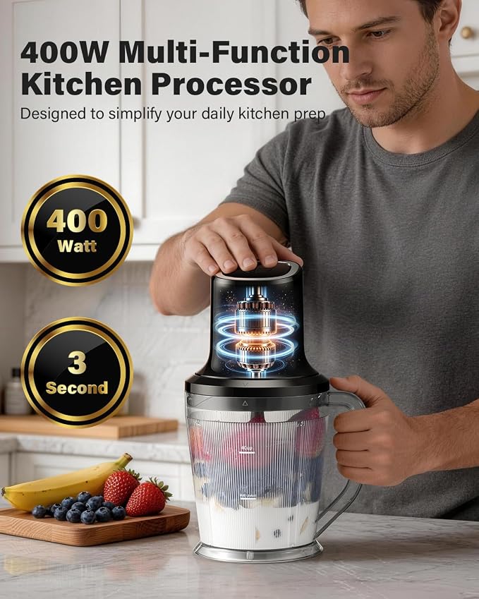 SHARDOR 3-in-1 Small Food Processor/Blender, 400W Powerful Food Chopper with 6-Cup Jar, 4-Cup Processor Bowl & 2-Cup Chopper Bowl, for Food Prep, Smoothies and Milkshakes