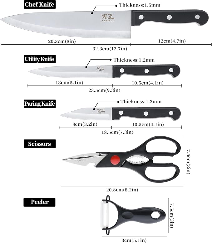 5 Pieces Kitchen knife Set, Knife Set Without Block with Sheathes, Stainless Steel Sharp Blade and Comfortable Handle, Chef Knife Set with Kitchen Scissors and Peeler for Cooking