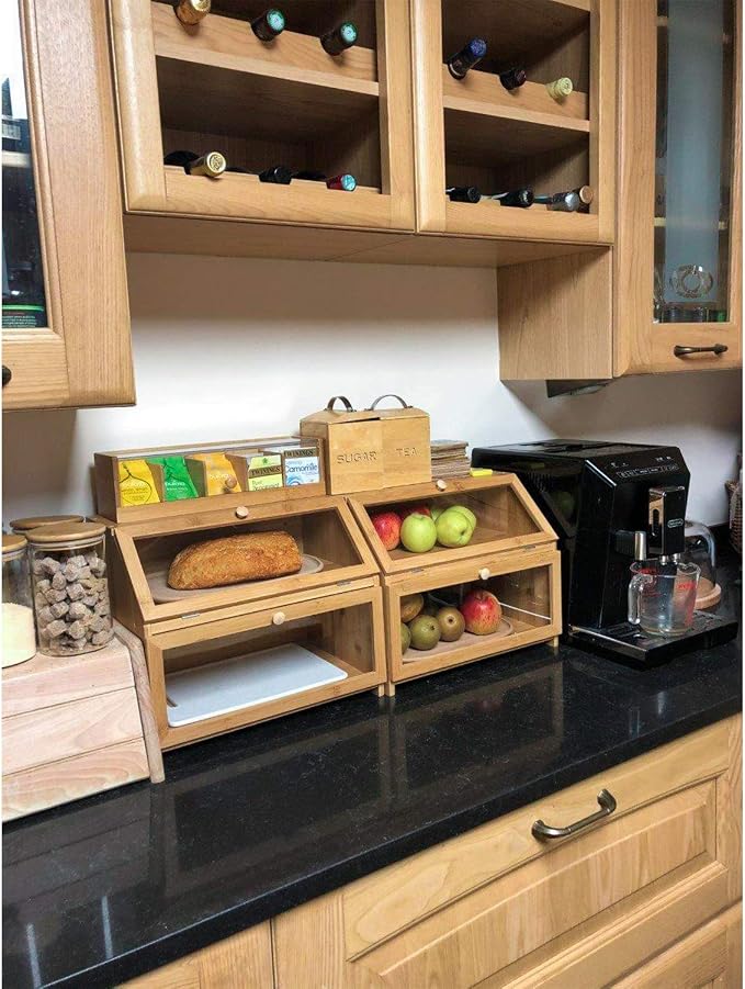 HOMEKOKO Double Layer Bread Box for Kitchen Countertop, Natural Bamboo | Keeps Bread Fresh 3-4 Days, Large Capacity Fits 2+ Loaves, Suitable For Home Kitchen Food Storage Use, See-Through Window