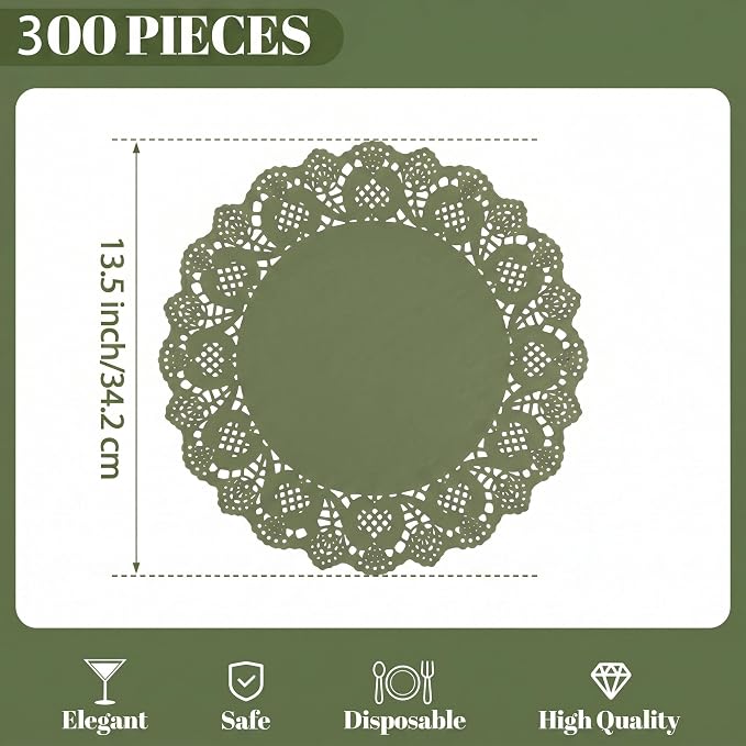 300 Pack 13.5 Inch Round Sage Green Paper Doilies, Disposable Lace Placemat | Rustic Scallop Doily Table Pads, Heavy-Duty Paper Place Mats for Cakes, Crafts, Parties, Weddings, Buffet, Home Decor
