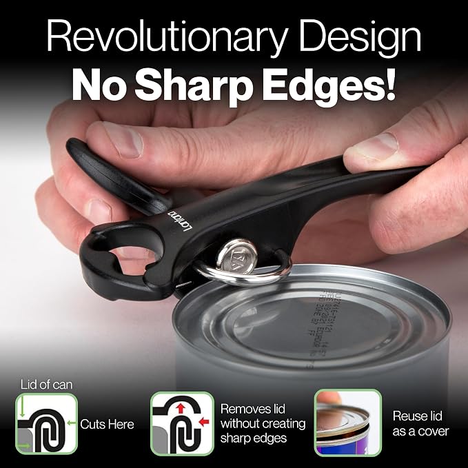 Lantana Can Opener (Smooth Edge/Safety), Handheld Manual, Bottle Cap Lifter | No sharp edges, smooth edge safety cutting, lid fits back onto can, easy grip handle, lightweight and easy to use